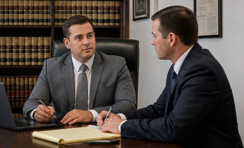 Two attorneys conferring across a conference table in a law library.